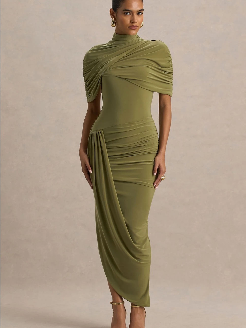 Club L London Olive Draped Ruched Midi Dress